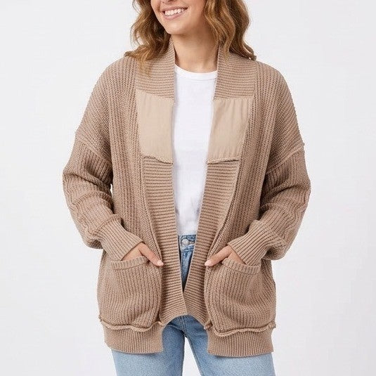 Womens Cardigan Sweater Medium Tan Chunky Knit Open Front Drop Shoulder Winter