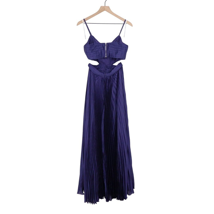 Lulus Got the Glam Maxi Dress Womens Small Navy Blue Lined Satin Pleated Cutout