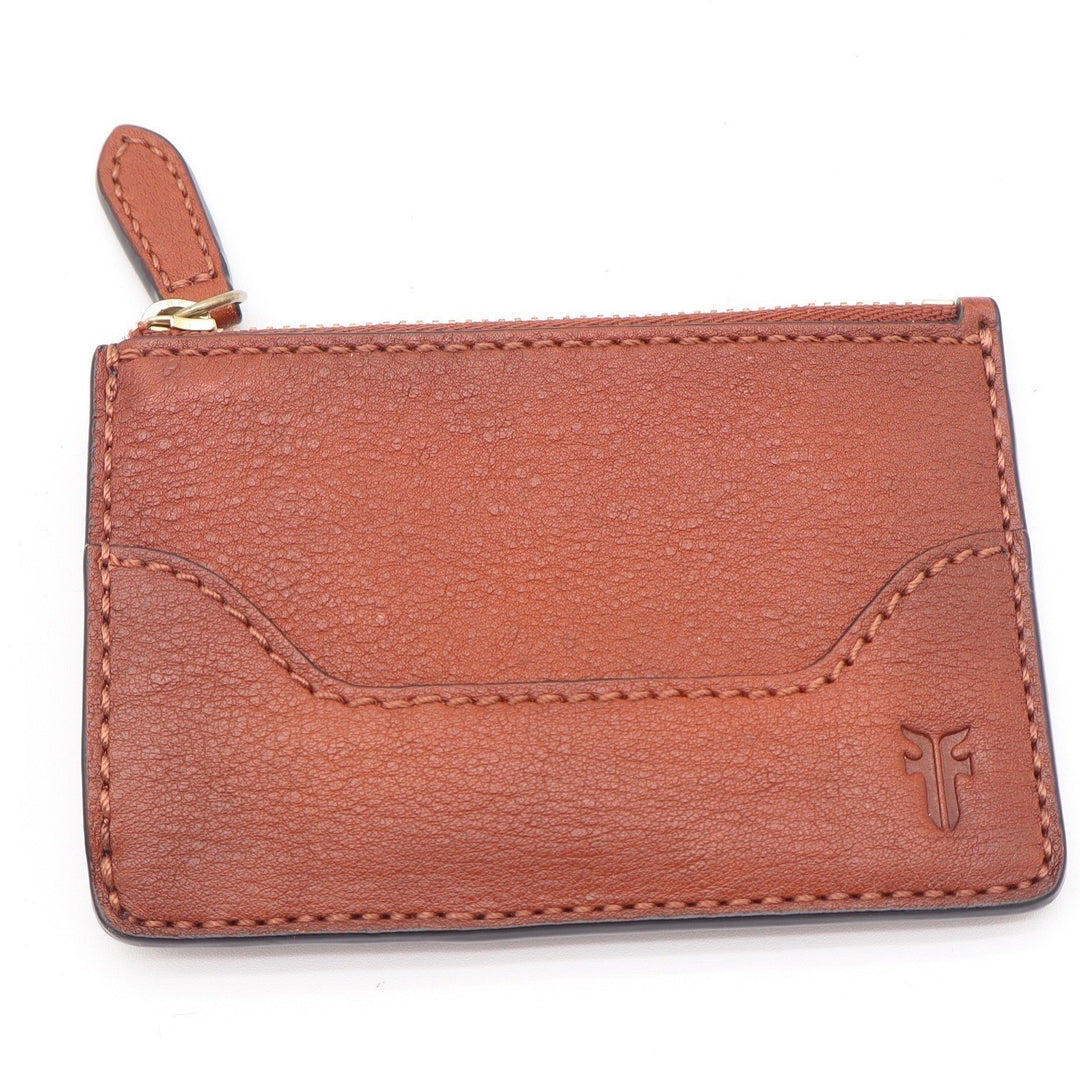Frye Logan Cognac Brown Leather Zip Card Case Wallet with Key Ring