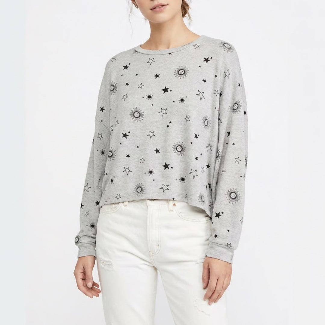 Z Supply Sweatshirt Womens S Heather Gray Star Sun Celestial Print Sleepwear
