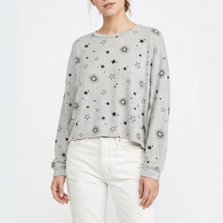 Z Supply Sweatshirt Womens S Heather Gray Star Sun Celestial Print Sleepwear