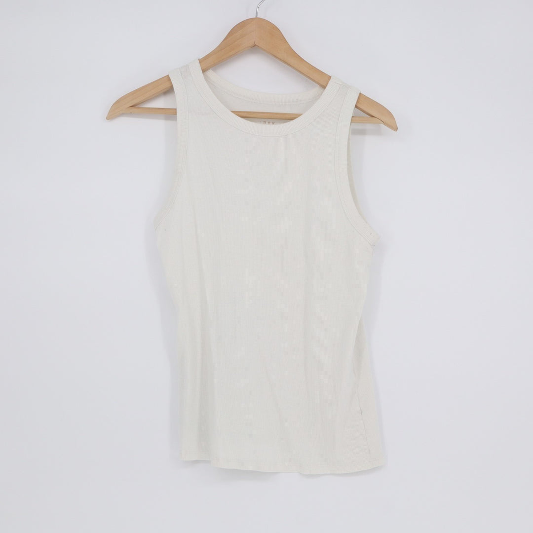 A New Day Tank Top Women L White Cotton Stretch Ribbed Knit Pullover Scoop Neck