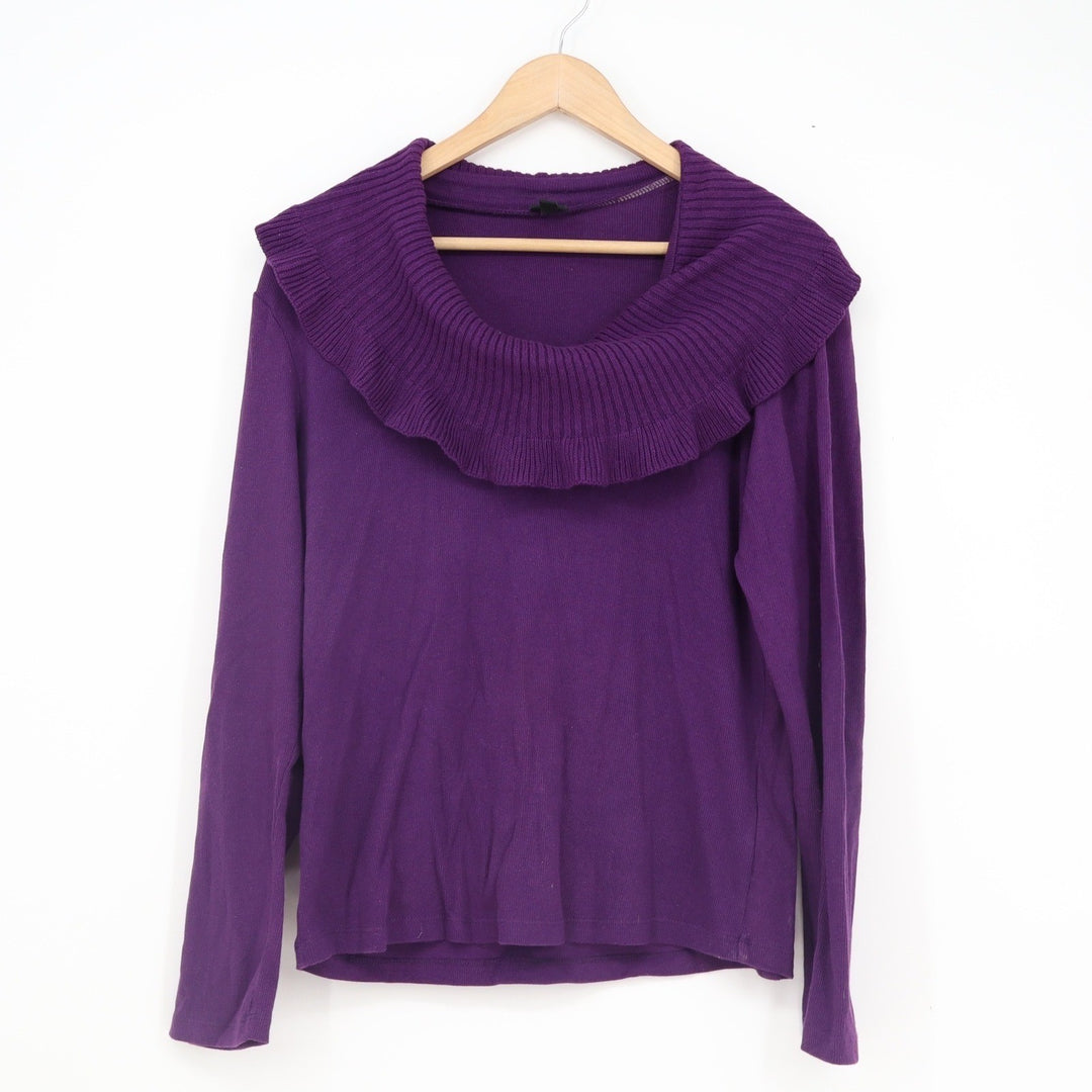 Rafaella Womens Purple Ruffle Portrait Collar Long Sleeve Rib Knit Top Large