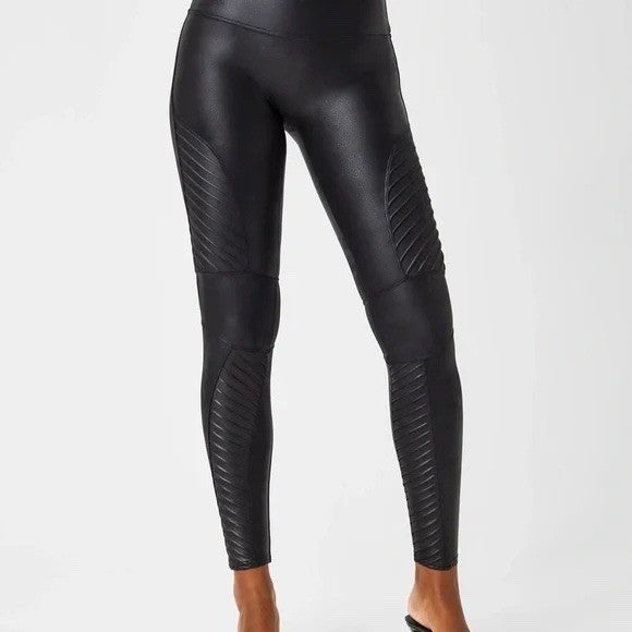 SPANX Moto Velvet Leggings Black High Waist Moto Paneled Size L