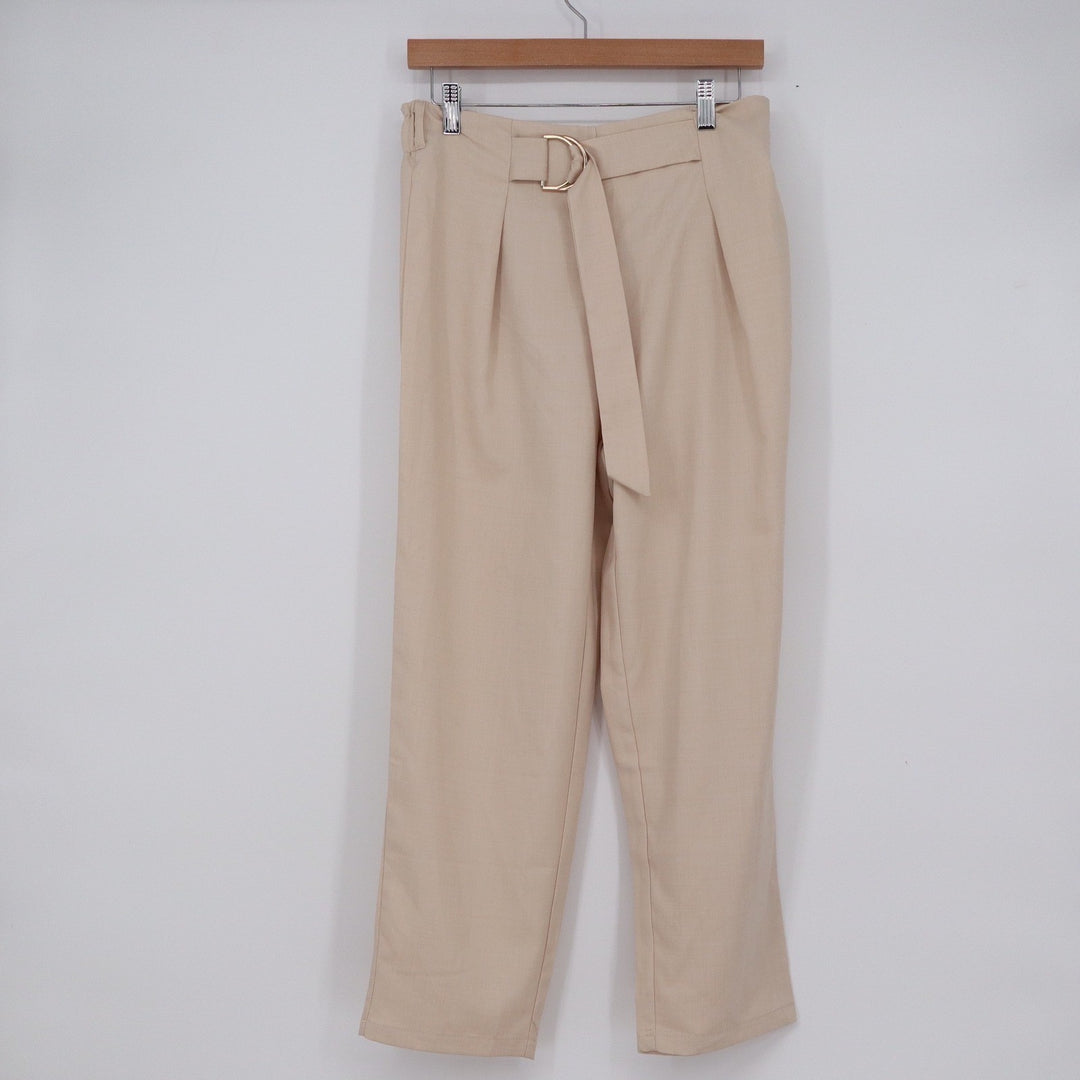 SHEIN Petite Beige High Waisted Pleated D-Ring Belted Trousers Size L