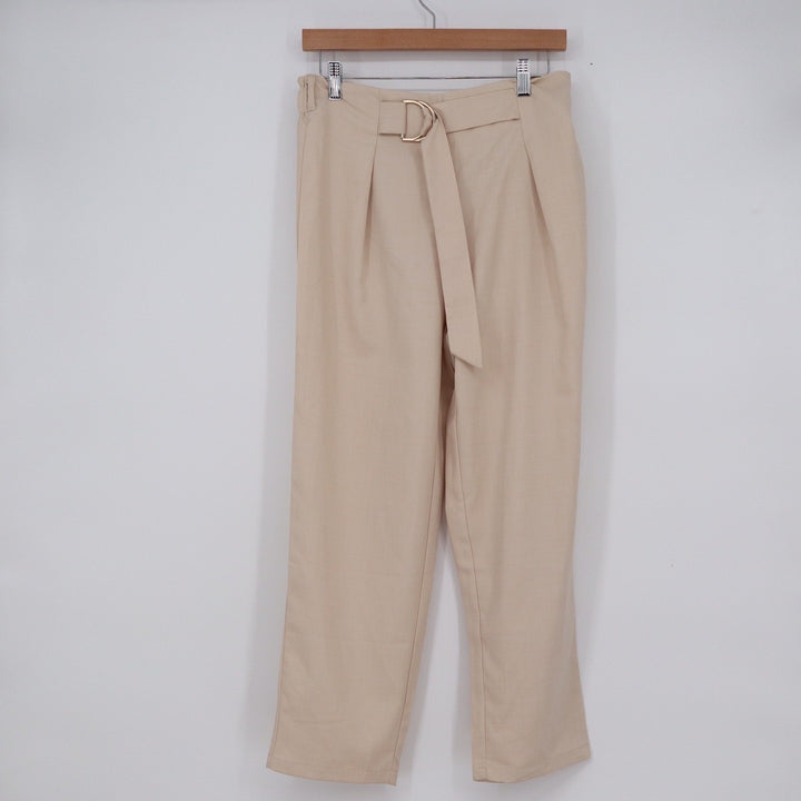 SHEIN Petite Beige High Waisted Pleated D-Ring Belted Trousers Size L