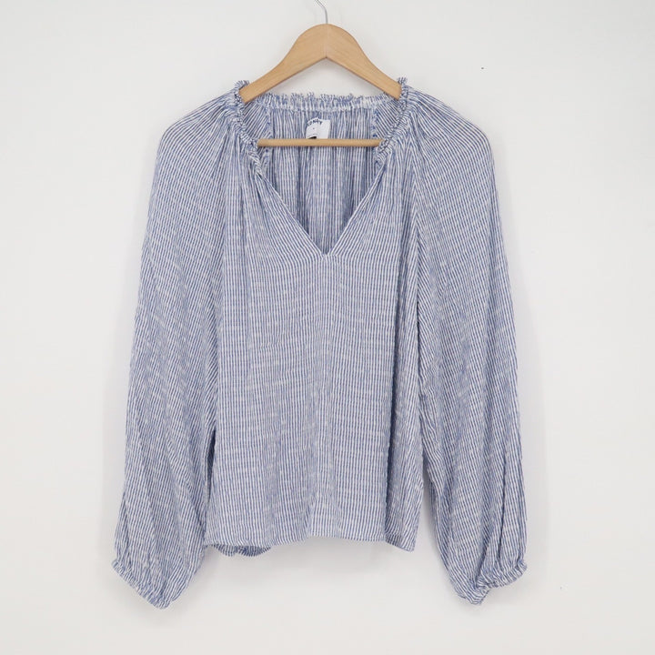 Old Navy Womens Blue White Striped Peasant Blouse V-Neck Balloon Sleeve Size M