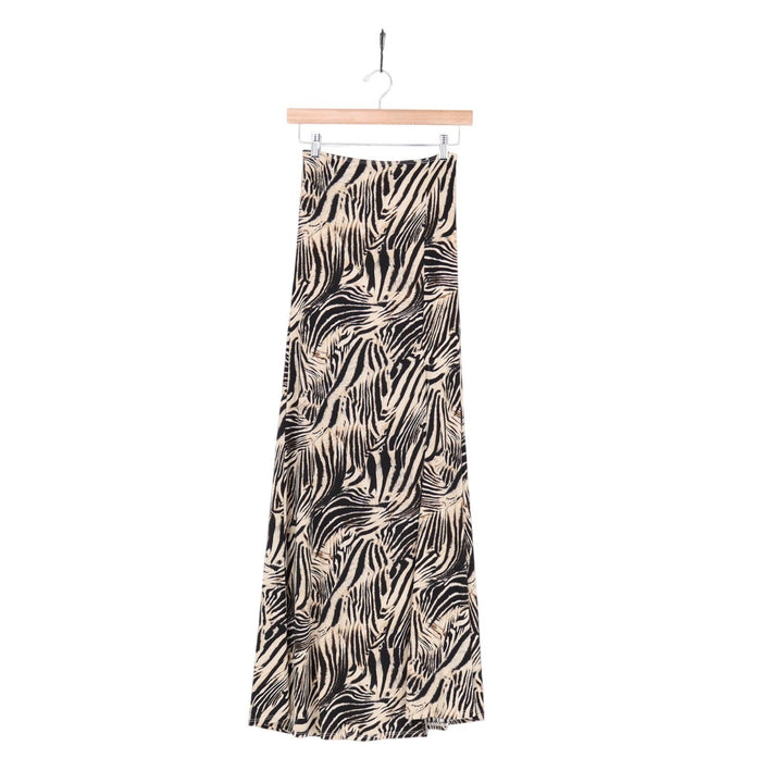 A-Line Midi Skirt Womens XS/S Black Beige Zebra Print Elastic Waist Front Slit