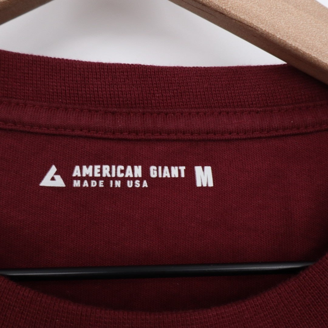 American Giant T-Shirt Mens M Burgundy Ribbed Long Sleeve Front Pocket Crew Neck