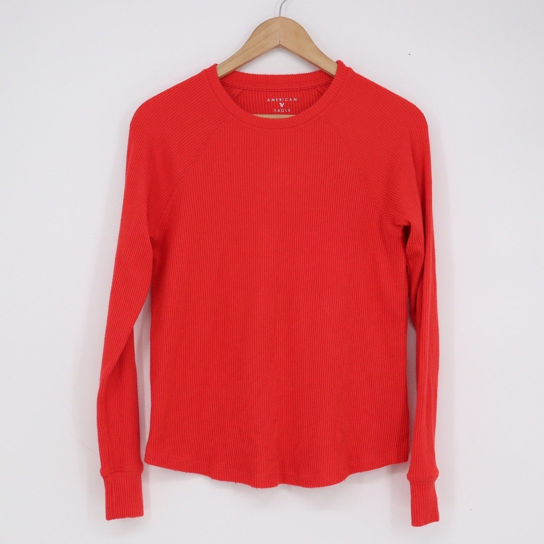 American Eagle Red Ribbed Raglan Long Sleeve Crew Neck Top XS