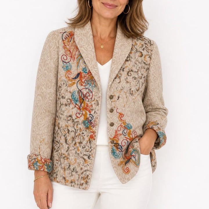 Coldwater Creek Womens 6 Linen Blend Embroidered Jacquard Blazer Tan Floral