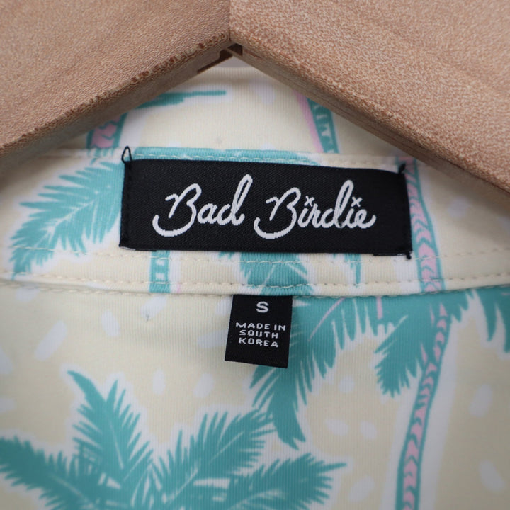 Bad Birdie Mens Small Palm Tree Tropical Golf Polo Shirt Cream Teal