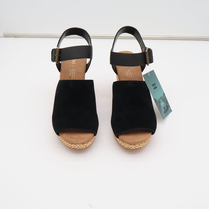 TOMS Tropez Black Suede Leather Wedge Sandals Peep Toe Ankle Strap Sz 9