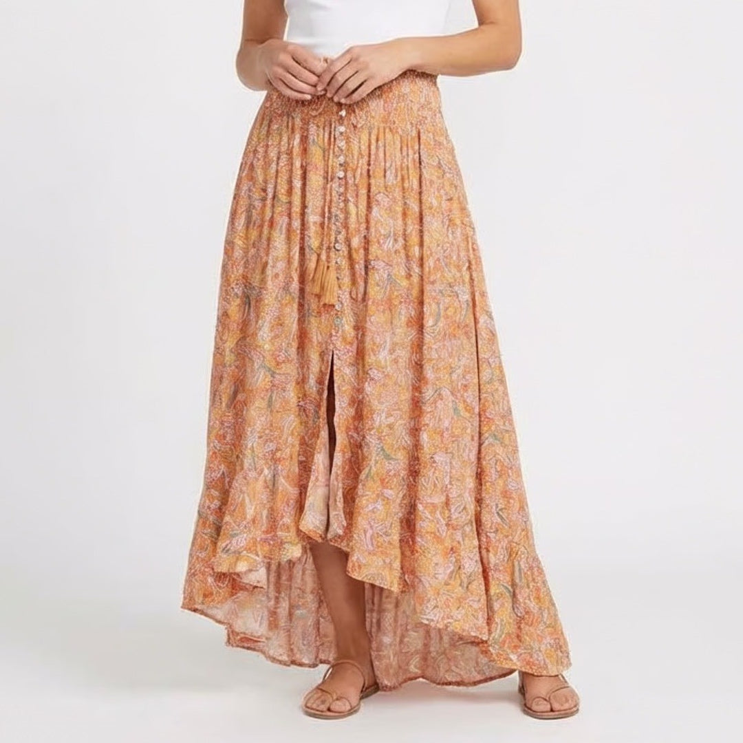 Rachel Zoe Maxi Skirt Womens XL Orange Floral Pleated Smocked Waist Button Front