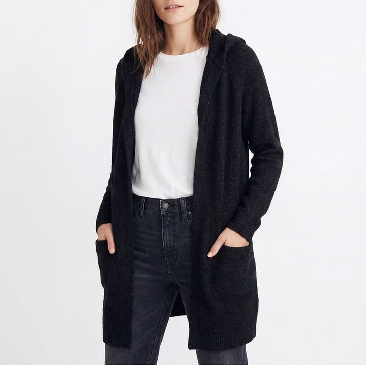 Old Navy Womens Black Marled Hooded Open Front Longline Cardigan Sweater M