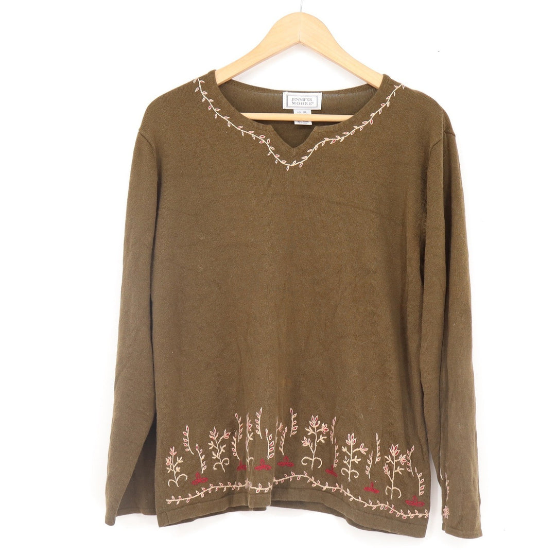 Jennifer Moore Olive Green Embroidered Floral V-Neck Knit Sweater XL