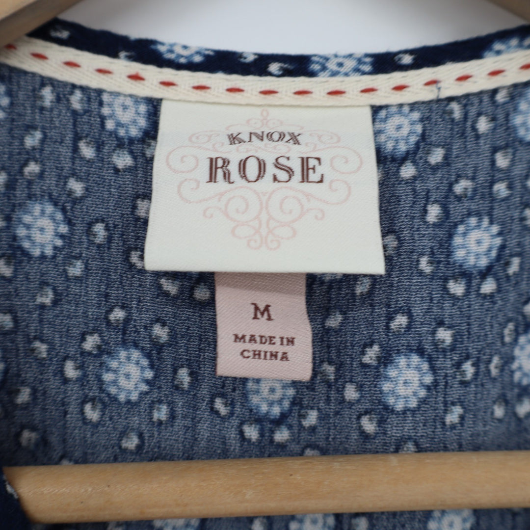 Knox Rose Tunic Top Women Medium Navy Floral Embroidered Short Sleeve Split Neck