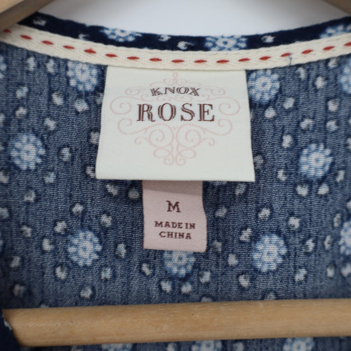 Knox Rose Tunic Top Women Medium Navy Floral Embroidered Short Sleeve Split Neck
