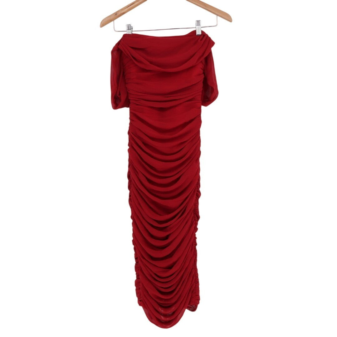 House of CB Carlotta Ruched Draped Chiffon Dress Womens XS Red Off The Shoulder