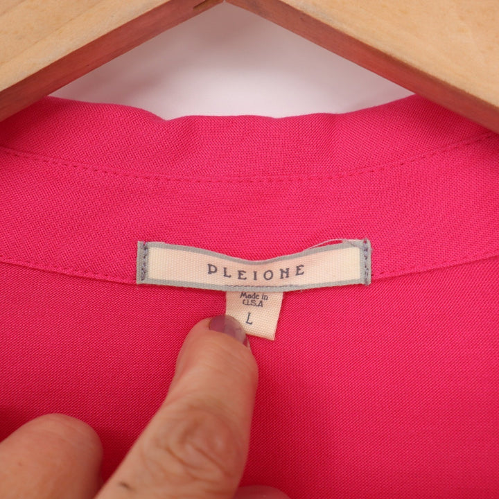 Pleione Hot Pink Roll Tab Sleeve Button Down Tunic Shirt Womens Large