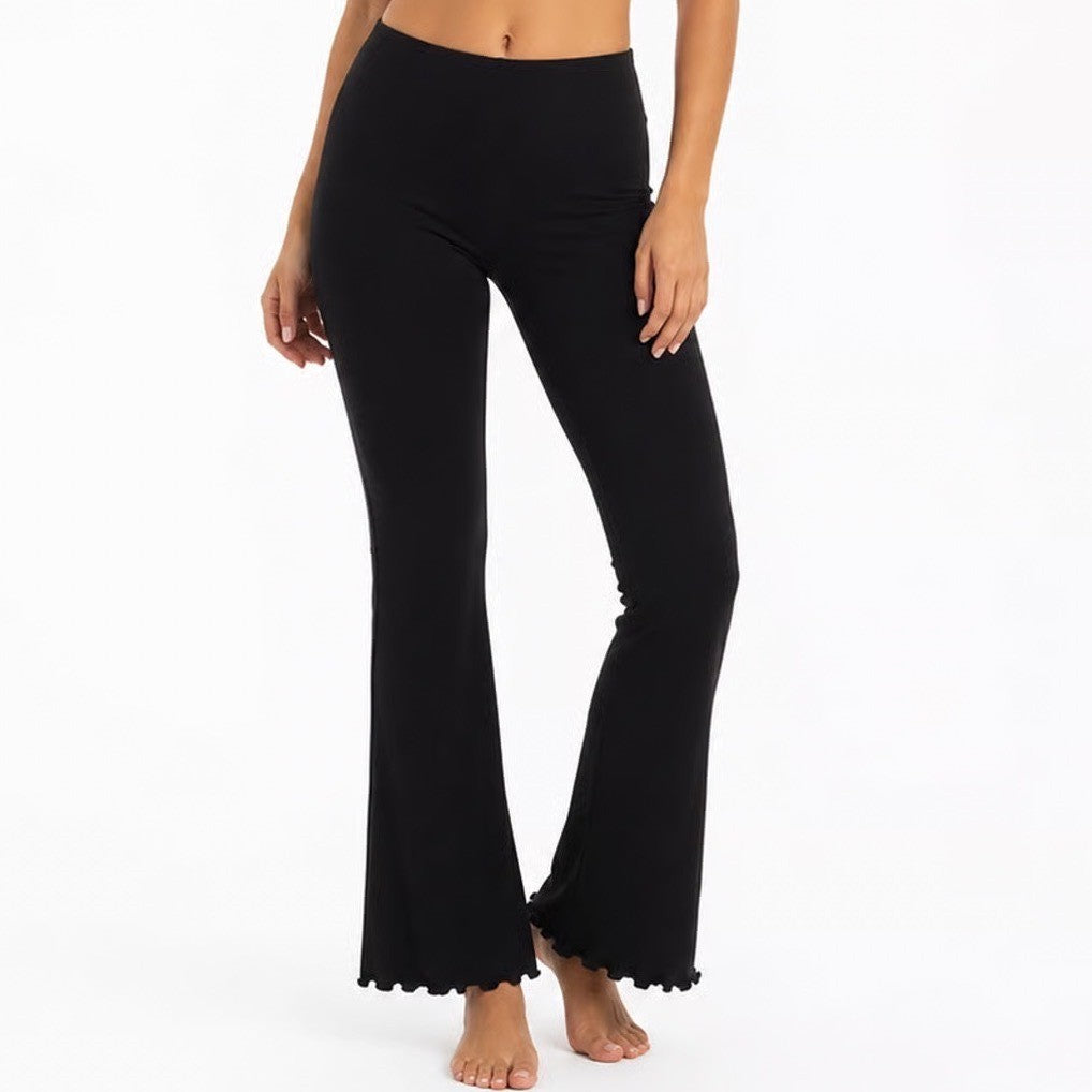 No Boundaries Black Ribbed Flare Pants Lettuce Edge Hem Size M 8-10 High Rise