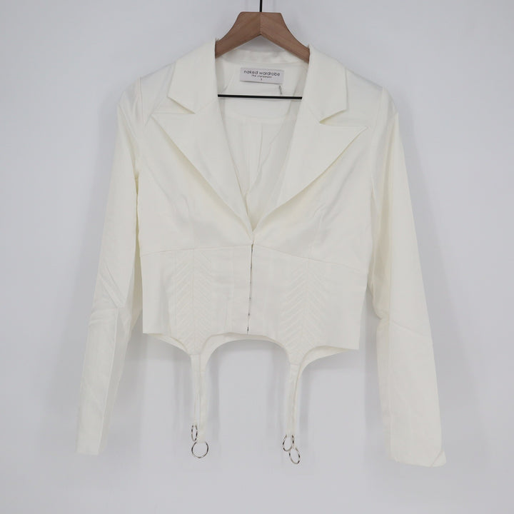 Naked Wardrobe The Statement Ivory Cropped Garter Blazer Size Small