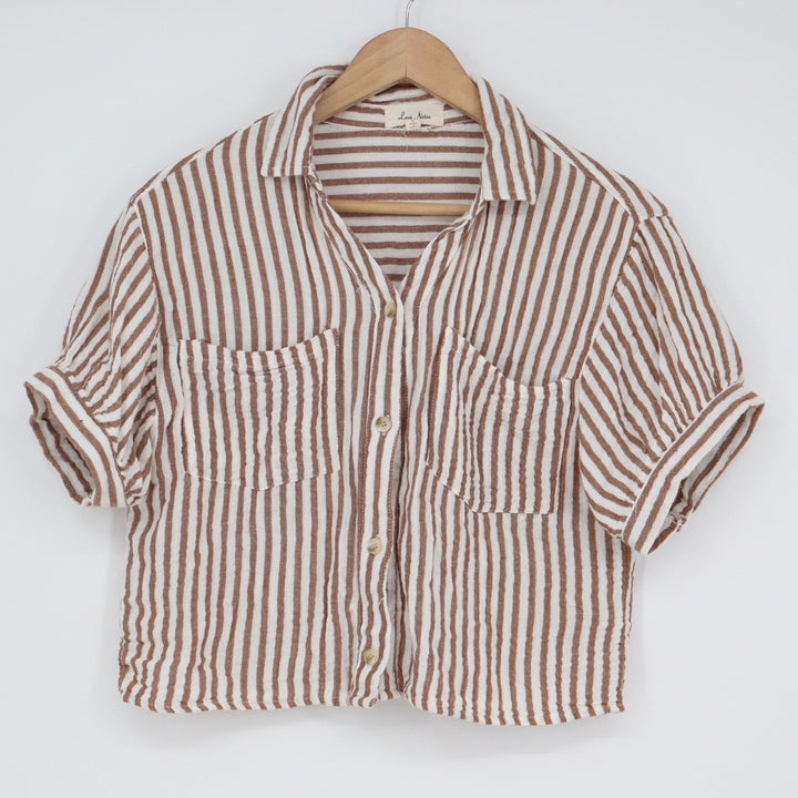 Love Notes Brown White Striped Cotton Gauze Cropped Button Down Shirt Large