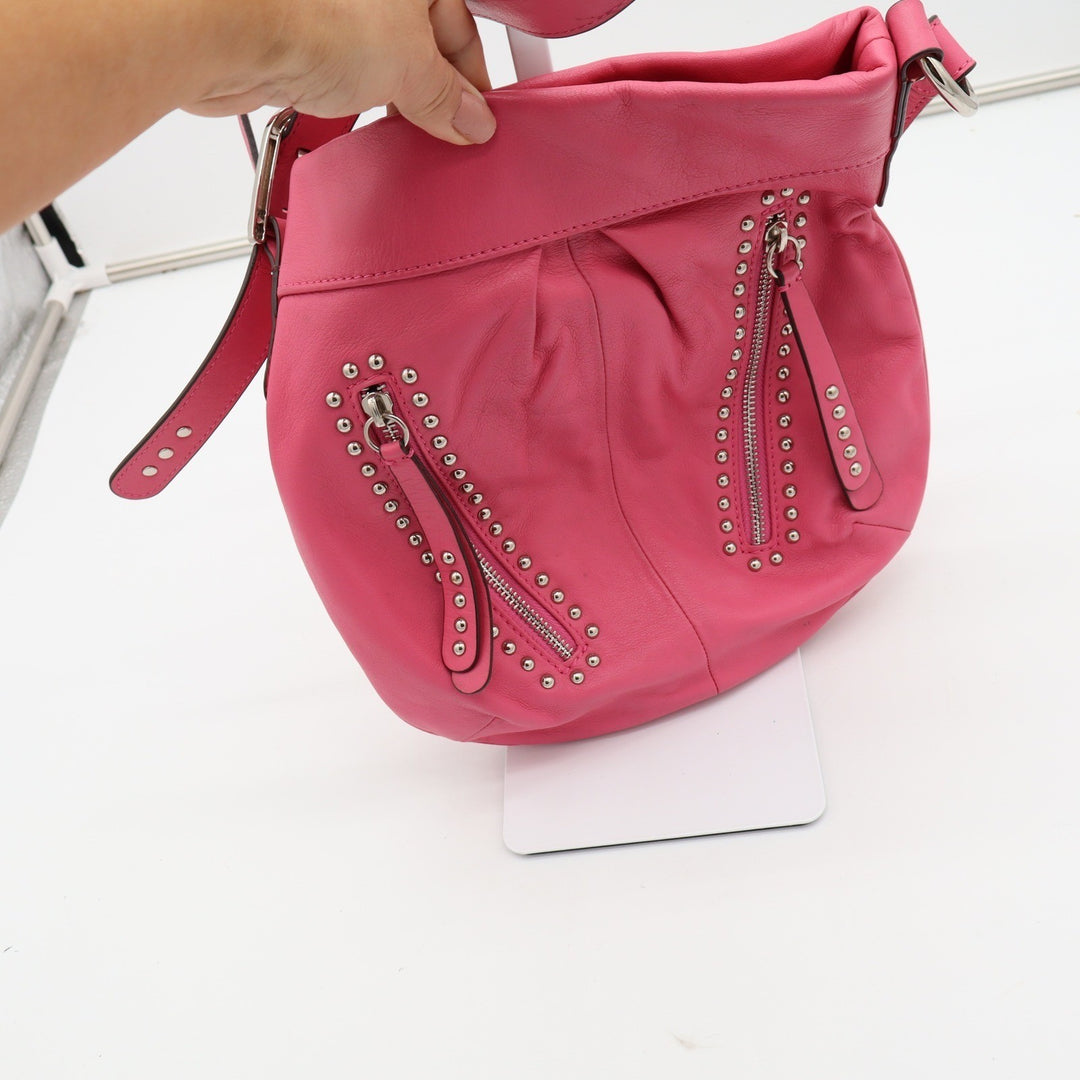 B. Makowsky Pink Leather Studded Crossbody Bag Silver Hardware Leopard