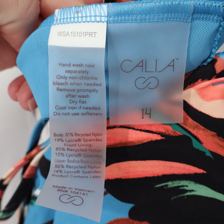 Calia Womens Tranquil Blue Floral Strappy Back One Piece Swimsuit Size 14