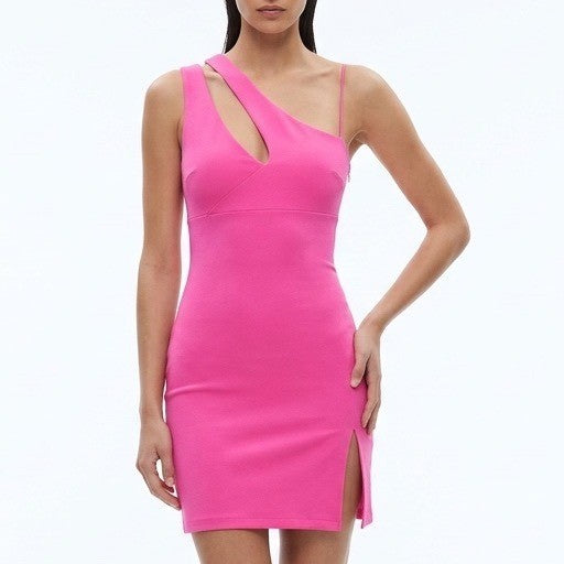 Naked Wardrobe Womens Neon Pink Asymmetric One Shoulder Bodycon Mini Dress Small