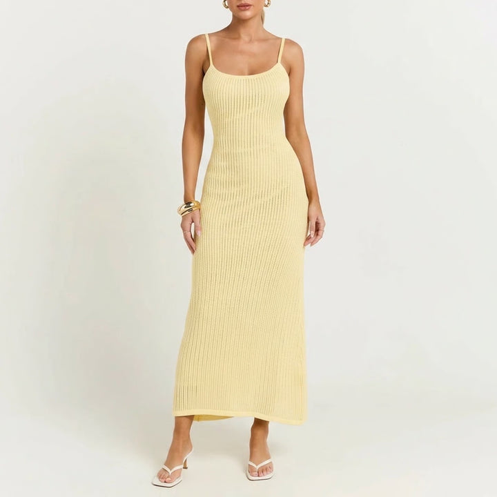 Showpo Fhel Maxi Dress Lemon Yellow Crochet Strappy Knit Sundress US 8 PH9475