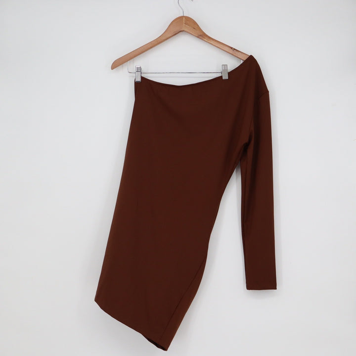 Chocolate Brown One Shoulder Ruched Long Sleeve Mini Bodycon Dress Large