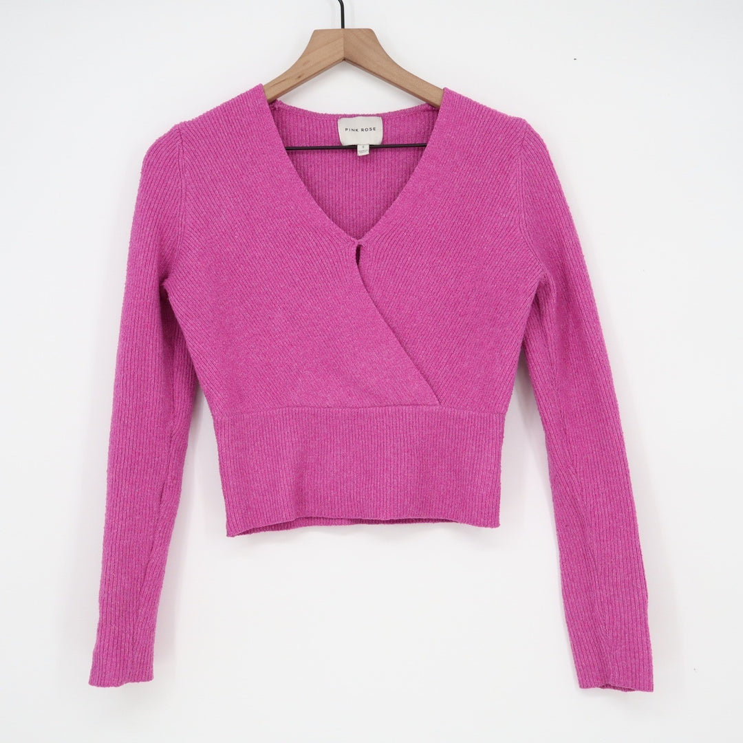 Pink Rose Magenta Ribbed Faux Wrap Cropped V-Neck Sweater Small