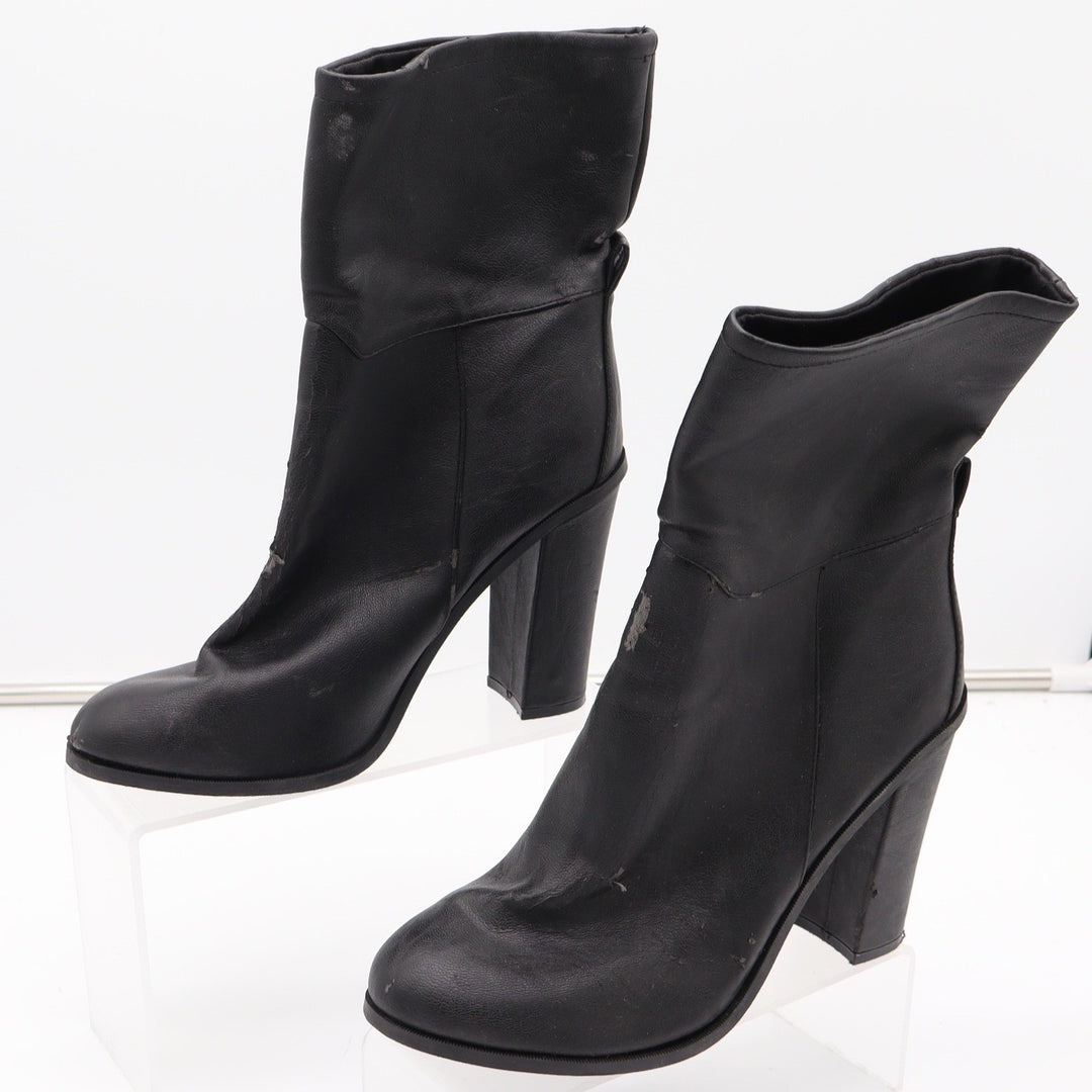 Black Faux Leather Mid-Calf Block Heel Boots Round Toe Size 9 Slouchy Pull On