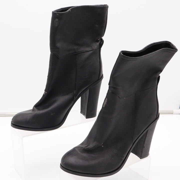 Black Faux Leather Mid-Calf Block Heel Boots Round Toe Size 9 Slouchy Pull On
