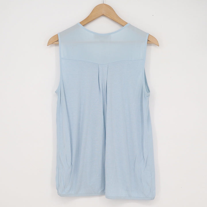 Ann Taylor LOFT Light Blue Sleeveless Mixed Media Split Neck Tie Blouse Medium