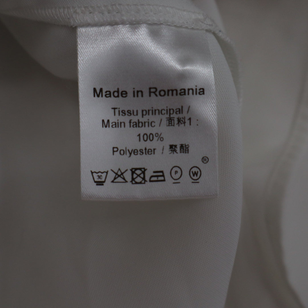 White Split V-Neck Long Sleeve Puff Shoulder Blouse Size M Made in Romania