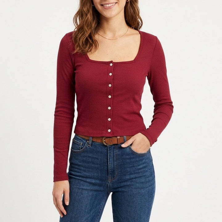 American Giant Luxe Rib Cardigan Sweater Womens M Red Cotton Stretch Square Neck