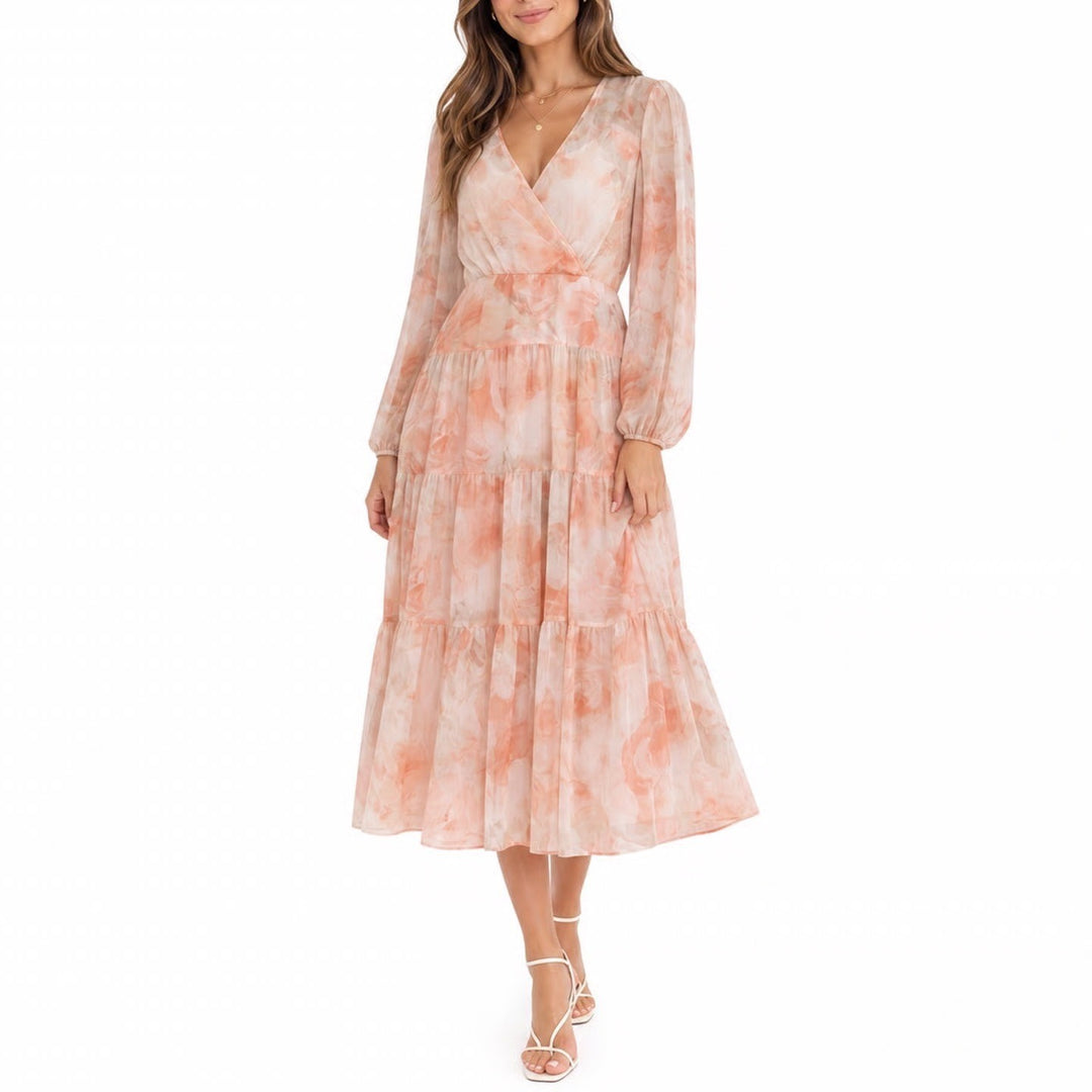 Calvin Klein Womens Peach Floral Tiered Maxi Dress Chiffon Long Sleeve Size 4