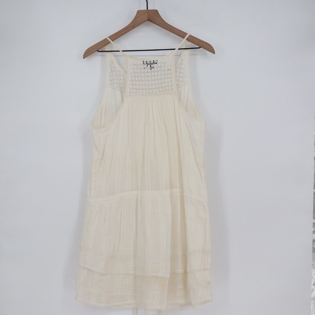 PAIGE Cream Lace Trimmed V Neck Dress Size L Lightweight Cotton Drawstring Waist