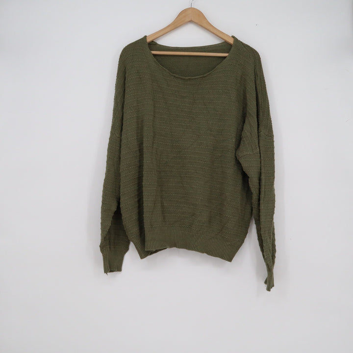Olive Green Textured Knit Oversized Pullover Sweater Scoop Neck Women 2XL