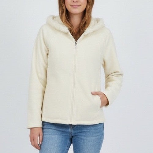 Kim Rogers Fleece Jacket Women's Medium Cream Faux Fur Trim Hooded Full Zip