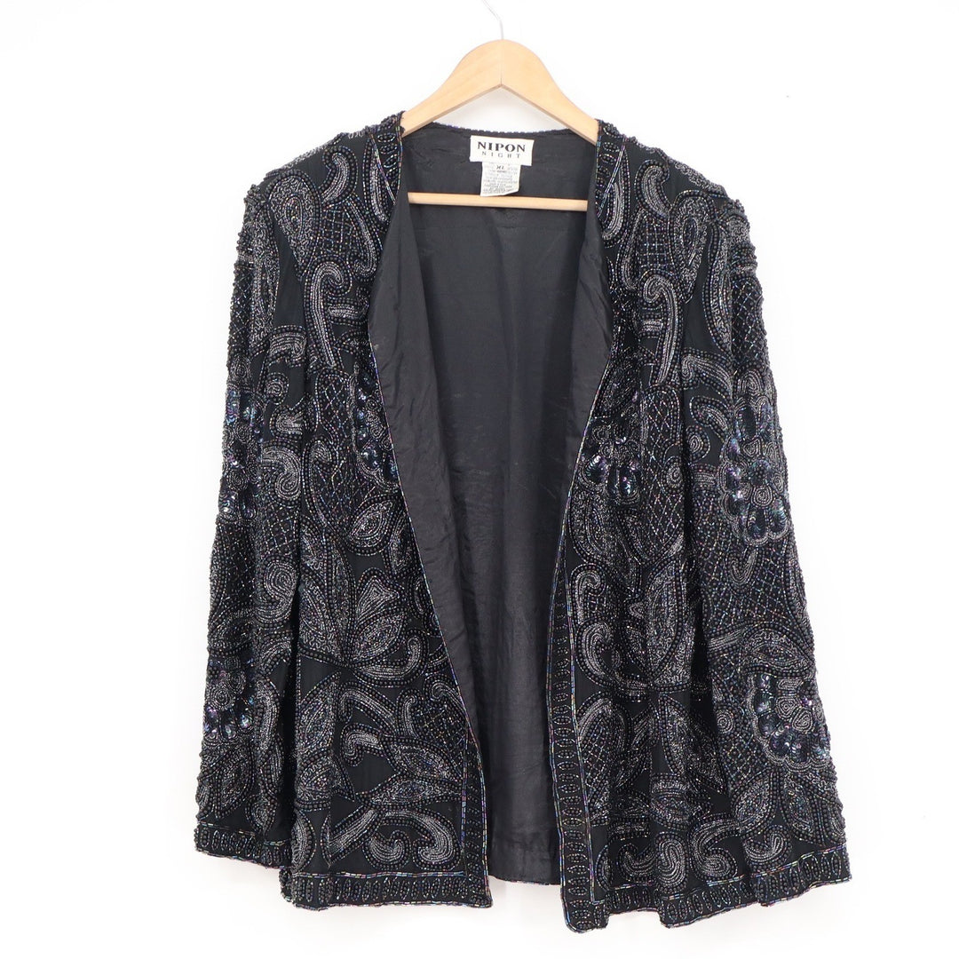 Nipon Night Silk Beaded Jacket XL Black Iridescent Sequin Paisley Open Front