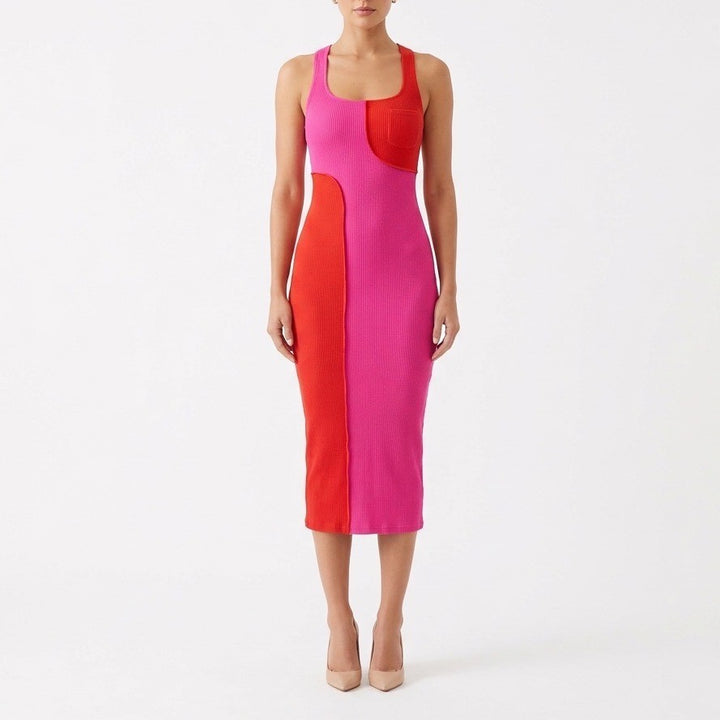 Naked Wardrobe Pink Red Color Block Ribbed Midi Dress Womens Small