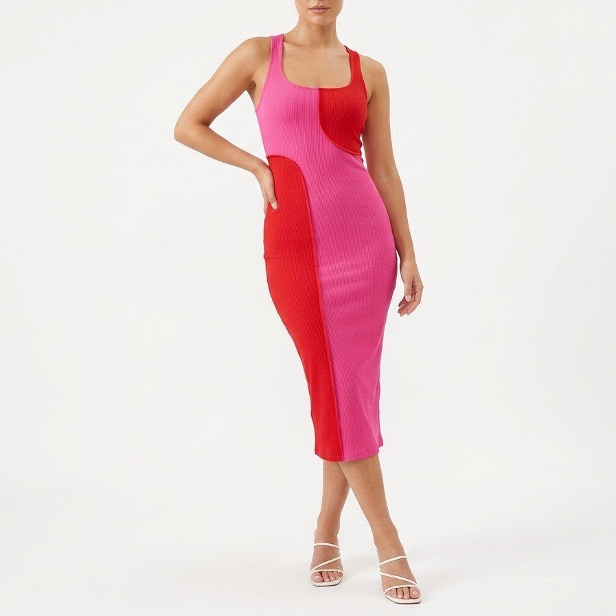 Naked Wardrobe Pink Red Colorblock Ribbed Midi Dress XS Bodycon Racerback