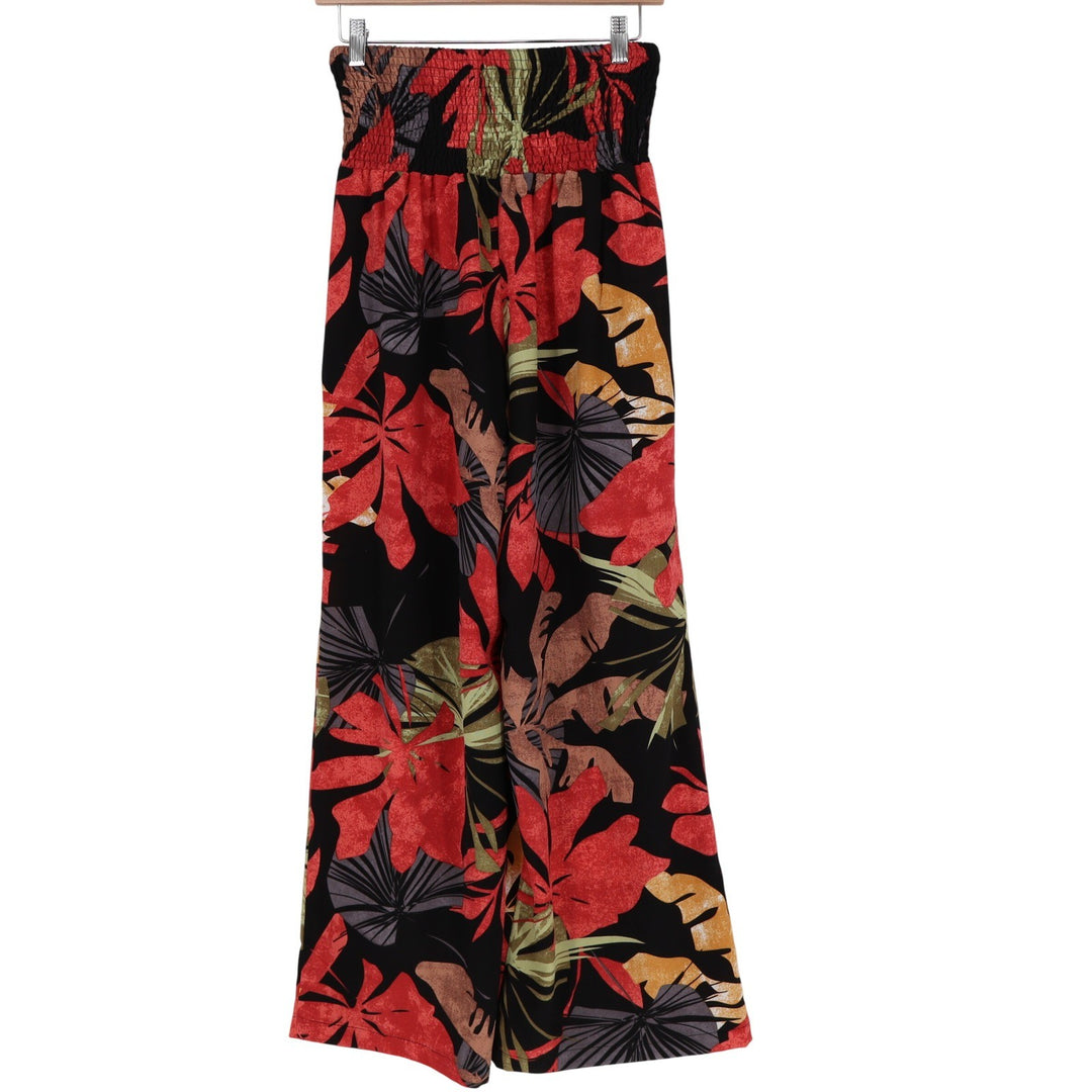 Tropical Floral Wide Leg Palazzo Pants Smocked High Waist Red Black Large