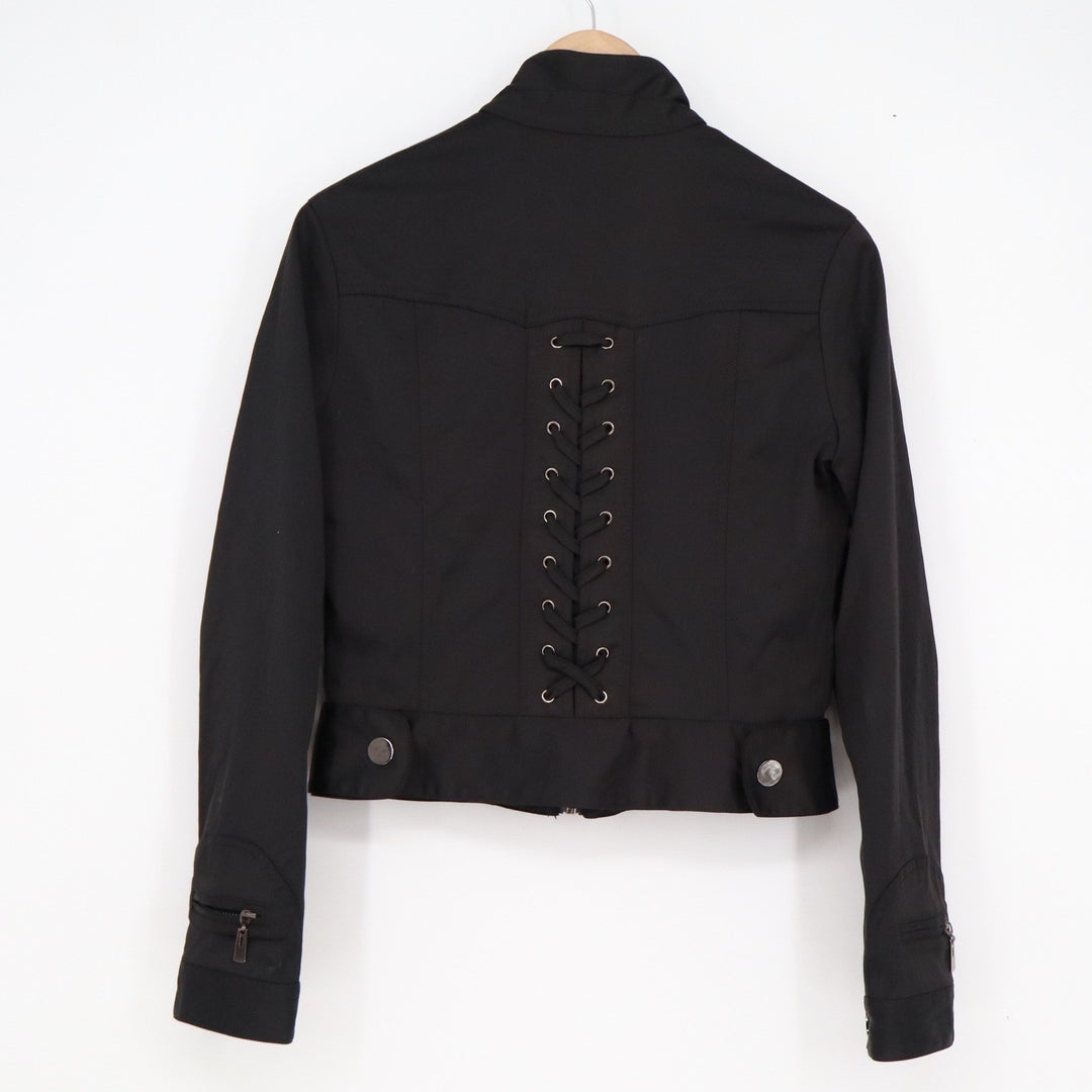 Nikibiki Black Cropped Utility Jacket Lace Up Corset Back Mock Neck Medium