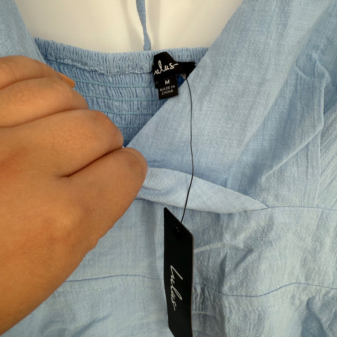 Lulus Dreaming Of Paris Blue Puff Sleeve Mini Dress With Pockets Size M