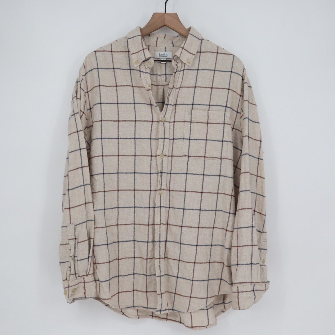 Croft & Barrow Mens L Button Down Shirt Long Sleeve Plaid Beige Blue Brown