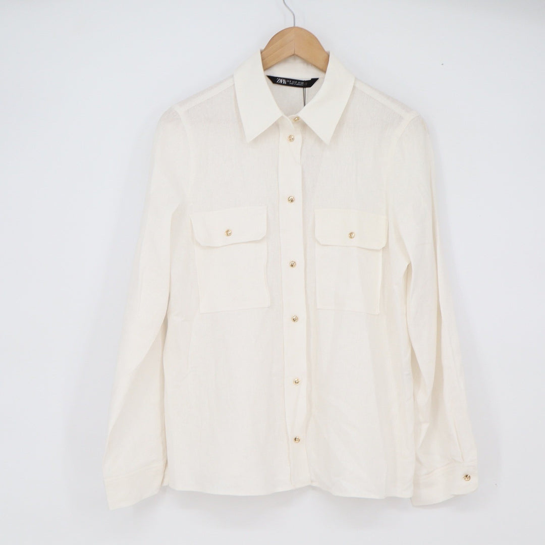 Zara Linen Shirt Womens S 2865/709/250 Off-White Button-Down Pocket NEW